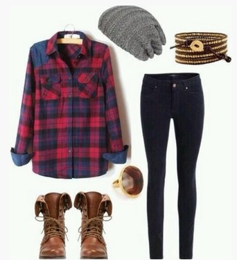 Casual Plaid Outfit, plaid shirt, tan scalf, Skinnies and Brown Knee-length Boots