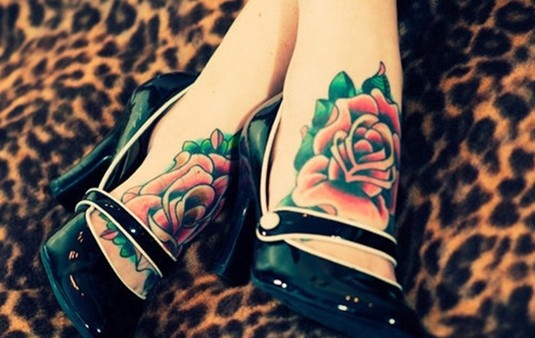 Coloured rose tattoo: Foot tattoos for girls