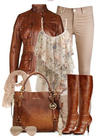 Daily Outfit Look, floral print top, brown leather jacket and brown knee-length boots
