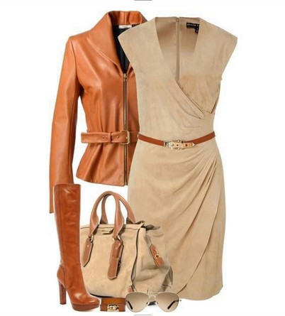 Daily Outfit Look, tan evening dress, brown leather jacket and knee-length boots