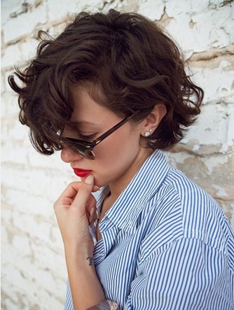 Deep Parted Curly Hairstyle with Long Side Swept Bangs for Brown Hair