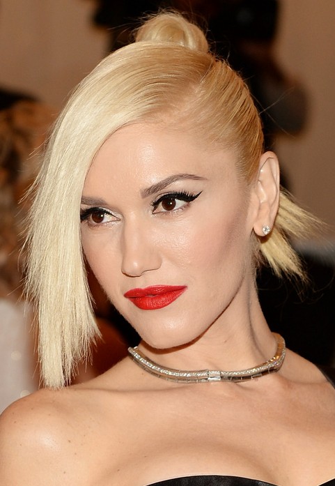 Gwen Stefani Long Hairstyle: Knot with Side-swept Bangs