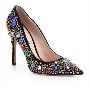 Miu Miu Donna Jeweled Suede Heeled Pumps