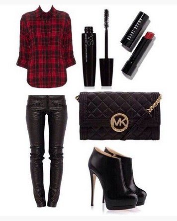 Plaid Outfit, Red Plaid Shirt, Black Leather Pants and Black Ankle Boots