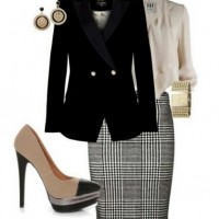 Plaid Outfit for Formal Occasion, Black suit, Plaid pencil dress and Nude pumps
