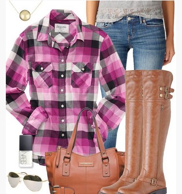 Purple Plaid Outfit, Purple Plaid Shirt, Jeans and Knee-length Boots