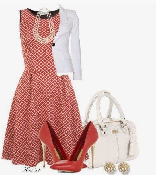 Red Outfit Trends for Ladies, Checked Cocktail Dress, White Suit and Red Pumps