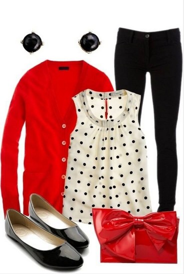 Red Outfit, cardigan, polka-dot print blouse and skinnies