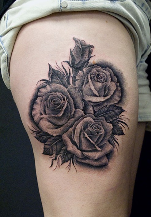 Rose Tattoo: black and grey Thigh