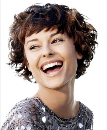 Short Curly Hairstyle with Full Fringe for Brunette Hair