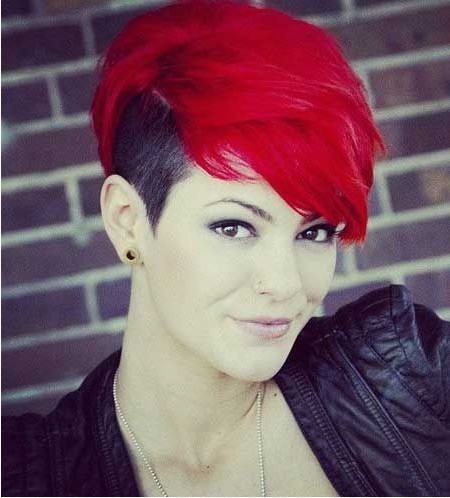Short Red Colored Undercut Haiarstyle with Side Bangs