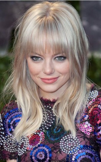 Straight Blunt Bangs for Layered Long Wavy Pltinum Blond Center Parted Hair