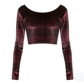 TOPSHOP Long Sleeve Check Velvet Crop Top