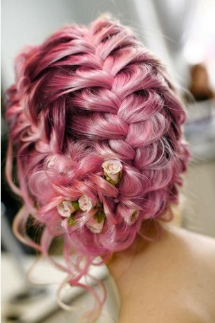 The Fantastic Purple Colored Braided Updo Hair with Flower Decoration