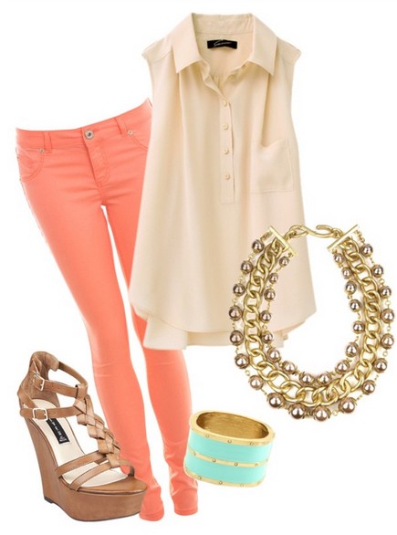 2014 Outfit IdeasThe Sleeveless Blouse, Pink Skinny Jeans and Wedge