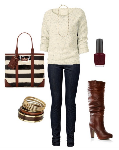 The Trendy Outfit Idea, striped bag, white loose sweater, jeans and brown knee-length boots
