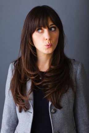 The Zooey Deschanel Bangs for Layered Long Wavy Brunette Hair