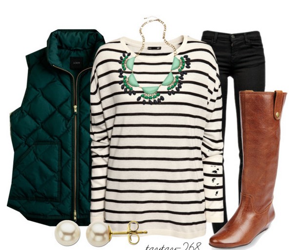 Warm And Cozy Outfit Combinations For The Winter, striped sweater, red skinnies and knee-length boots