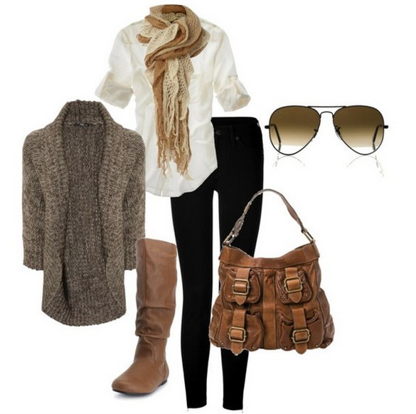 Warm And Cozy Outfit Combinations For The Winter, tan grey cardigan, skinnies and knee-length boots