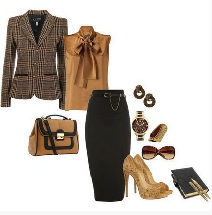black and brown outfit, the black pencil skirt with sequined pumps