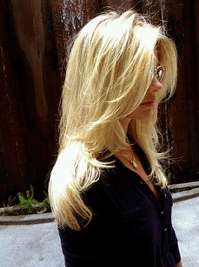 The Messy Styled Long Layered Hairstyle with Side Bangs for Long Blond Straight Hair