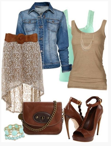 Brown Spring Outfit,denim jacket, fishtail dress and brown pumps