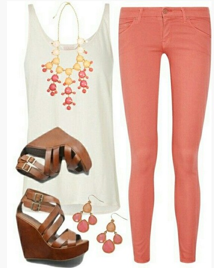 Cute Spring Outfit, white tank top, bright pink skinnies and wedges