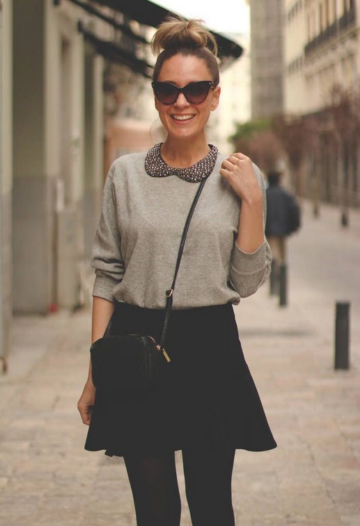 Classic black skirt outfit idea for spring summer, grey sweater shirt and skirt