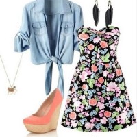 Cute Spring Outfit, Floral print mini strapless dress and pink wedges