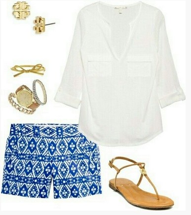Cute Spring Outfit, white blouse, Aztec print shorts and brown sandles