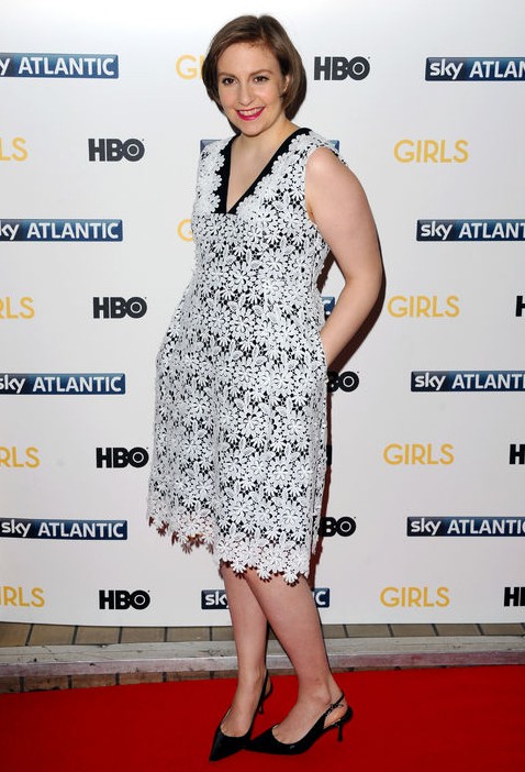 Lena Dunham winter-white lace dress from the Erdem pre-fall 2014 collection