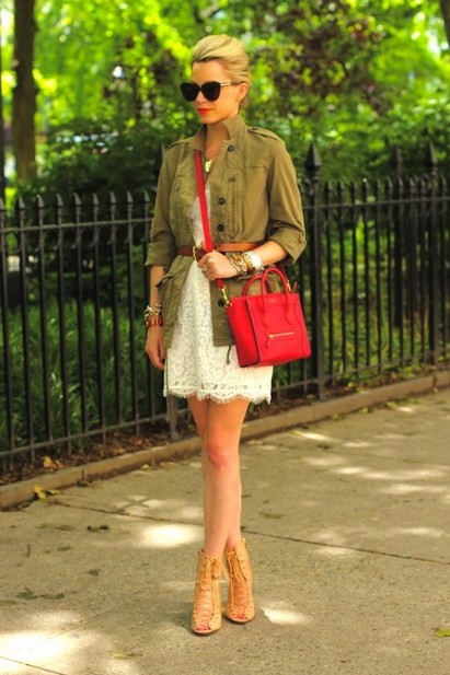 Military Jacket with White Lacey Mini Dress - Military trend inspiration for spring 2014