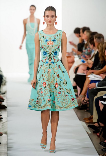 Oscar De La Renta Spring Summer 2014, teal embroidered cocktail dress