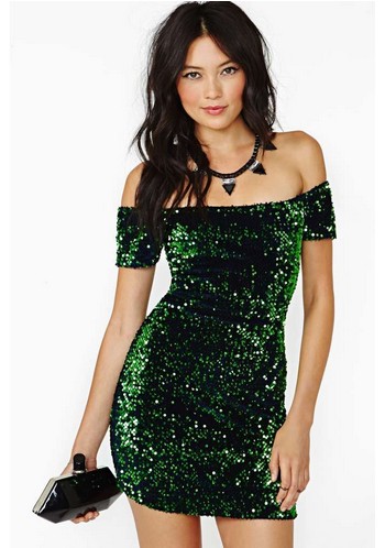 Shop The Golden Globe Style – Nasty Gal Off-the-shoulder sequin embellished party dress, emerald green