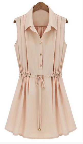 Adorable Apricot Sleeveless Drawstring Waist Pleated Chiffon Shirt Dress - Sheinside