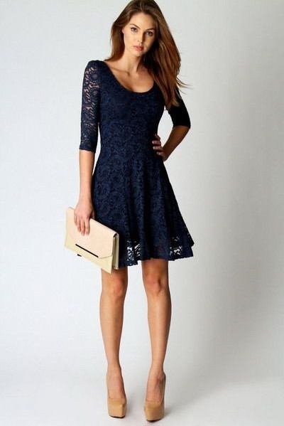 Blue Lace Dress With Nude Pumps