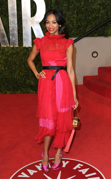 Zoe Saldana in a Pink and Red Dress