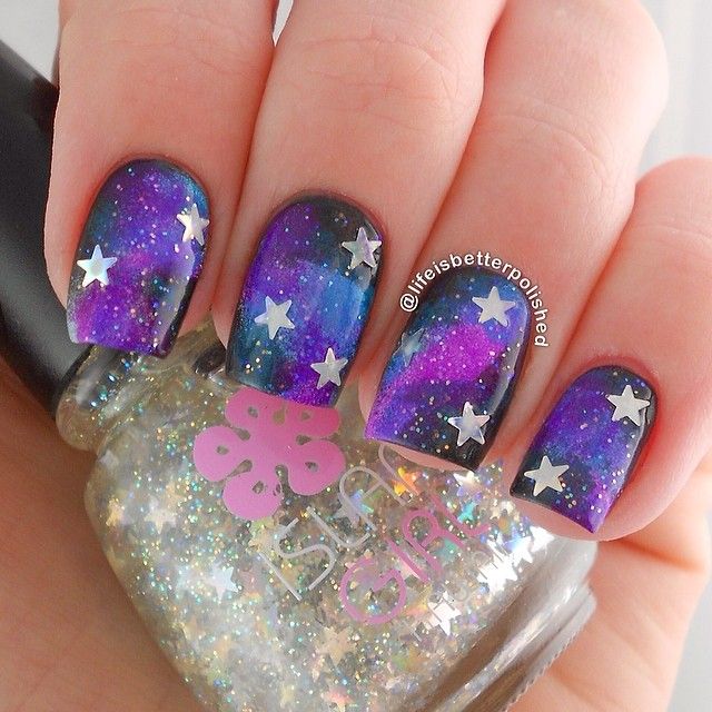 Black and Purple Galaxy Star Nails