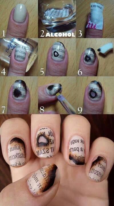 Burnt Newspaper Nail Art