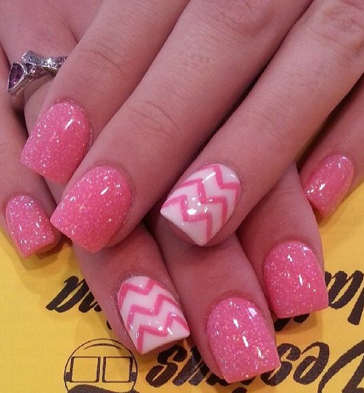 Chevron Glitter Pink Nails