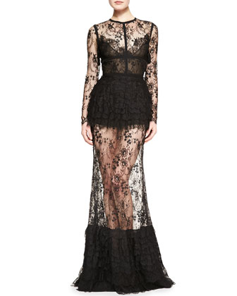 Elie Saab Sheer-Skirt Lace Long-Sleeve Gown