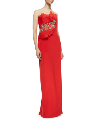 Marchesa Strapless Fold Gown with Beaded Flowers