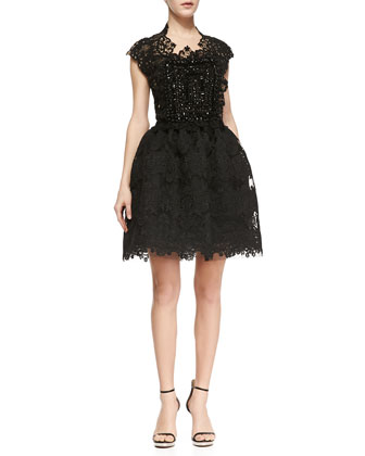 Naeem Khan Short Sleeve Beaded Bodice Lace Party Dress