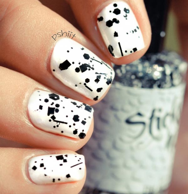 White Nails with Black Glitter