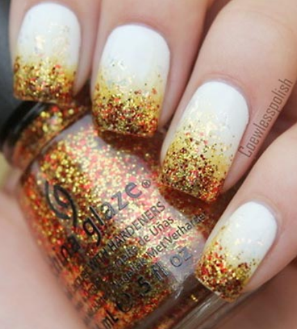 White Nails with Gold Glitter