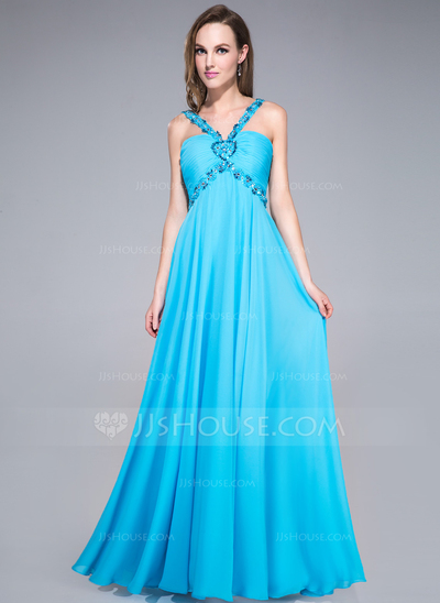 Blue V- neck Prom Dress