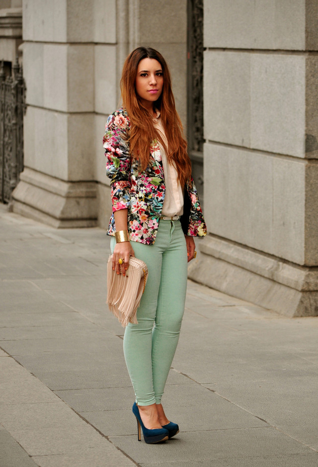 Floral Blazer Outfit with Colored Jeans