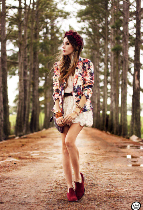 Floral Blazer Outfit with a Lace Skirt