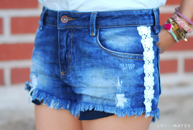 Lace Trim Denim Shorts