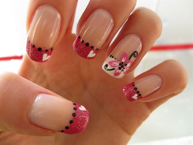 Nails with Flowers and Hearts